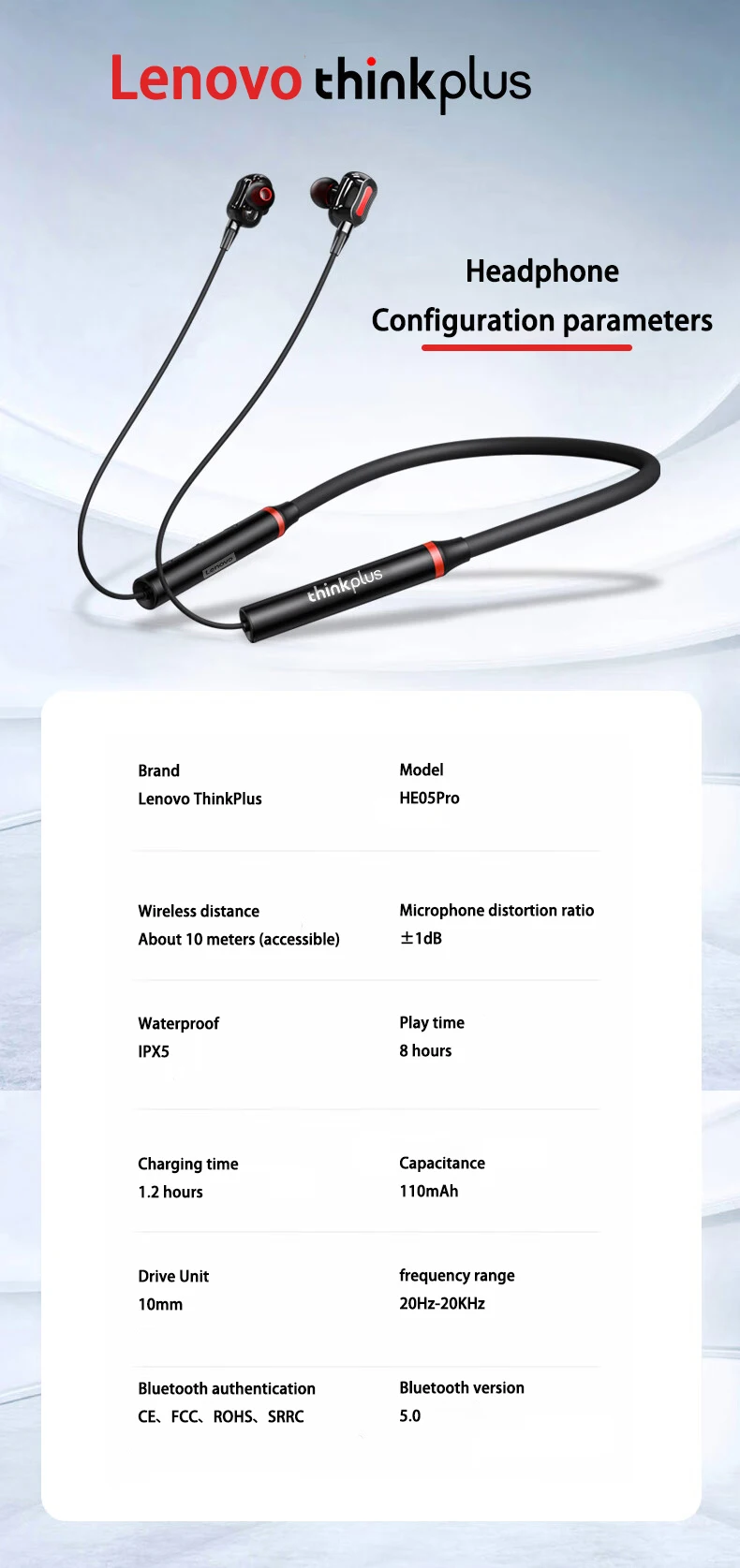 HE05 PRO Wireless Earbuds IPX5 Waterproof In-Ear Sport Headset Magnetic Neckband BT V5.0 Microphone Earbud