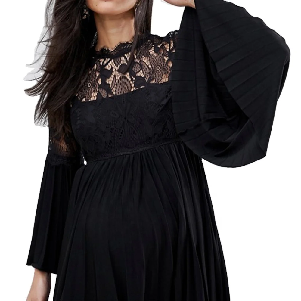 Elegant Black Lace Pleated Midi Skater Pregnancy Dress for Women Lady  Maternity Clothing