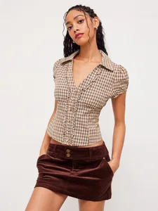 Cross-border Korean Slim Fit Bubble Sleeve Plaid Shirt 2026 Summer Cotton Broadcloth Curry Pleated Spice Girl Ear Lace-up Free