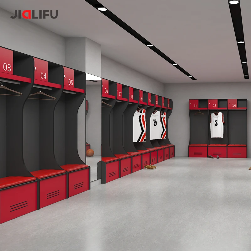 JIALIFU Customized Soccer Athlete Gym Locker HPL Wood Football Locker Room Includes Bench for Storage