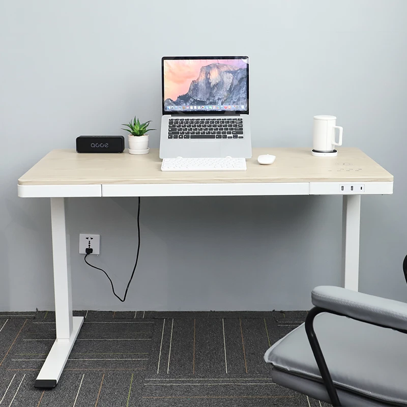 Wooden Top Modern Home Office Computer Table with Storage Drawer Electric Height Adjustable Standing Desk with Wireless Charger