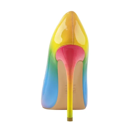 Pointy toe rainbow color patent PU fashion heels for women court dress shoes new arrived design