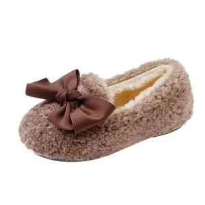 Non-Slip Sole Warm Plush Causal Shoes Indoor Plush Shoes slippers Bow Kid Loafer Shoes for Girls
