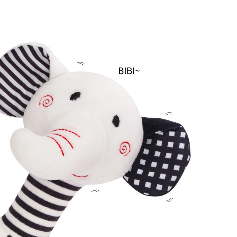 T037 Black and white hand bell baby cartoon fox elephant hand stick plush toy