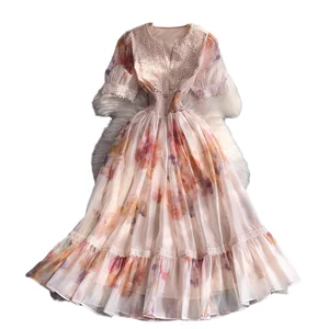 Customize Summer Holiday Style Empire Waist V-neck Lace Puffed Sleeve Casual Midi Floral Print Pink Oil Painting Dress for Women