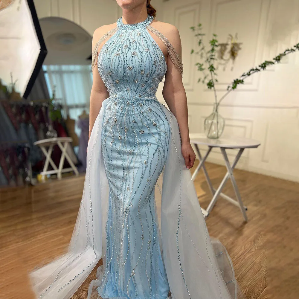 Blue Halter Mermaid Beaded Overskirt Evening Gowns 2023