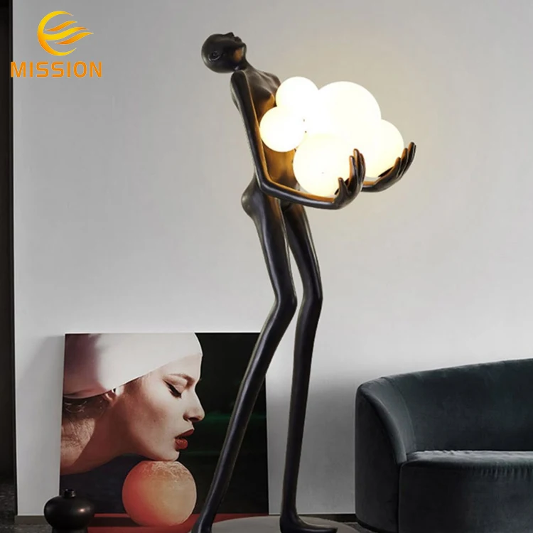 Modern Art Deco LED Resin Man Woman Glass Ball Sculpted Floor Lamp for Living Room Corner Decoration Stand Alone Standing Lamp