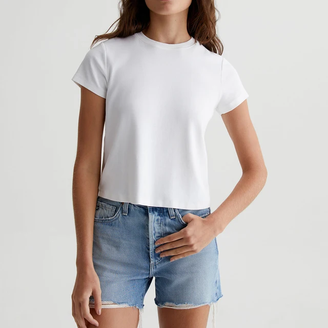 OEM/ODM Custom White Women's Cropped Crewneck Tee - Vintage Silhouette, Cotton-Blend Rib Knit, Everyday Staple
