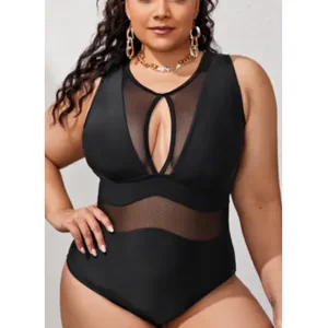 Custom New Sexy Black Mesh Plus Size One Piece Bikini Cutout High Slit High Neck Sleeveless Swimsuit Women Backless Swimwear