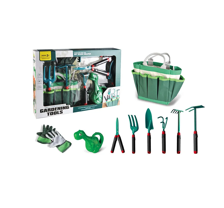 Kids Garden Tools Hand and Equipment Kit with Apron Shovel Fork Rake