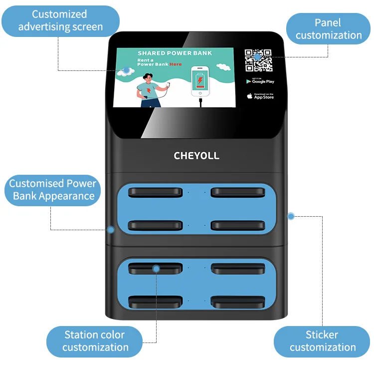8Slots High Capacity 5000Mah Portable Shared Station Cheyoll Power Bank Rent Black Qr Code Sharing Power Bank Bkash