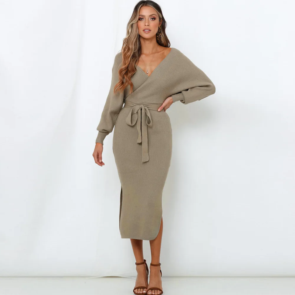 Heavy Knit Sweater Bodycon Winter Office Dress for Ladies Sweater Long  Dress With Belt V Neck Side Split Sweater Dresses Winter