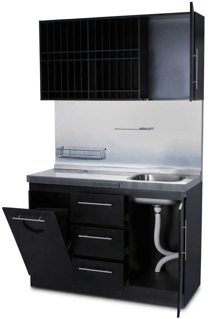 Черный шкафчик под заказ для парикмахерской МДФ шампунь цветная балка