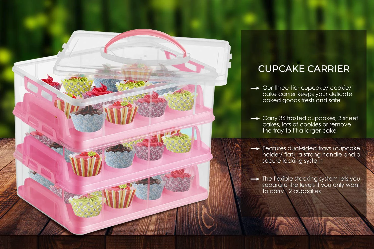 3 Tier Cupcake Carrier with Lid and Handle, Holds 36 Cupcakes