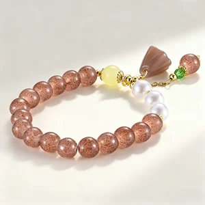 Women's Vintage Style Bracelet with Speckled Brown Beads Pearl Agate Lotus Charm Elegant Elastic Jewelry for Daily Wear Gift