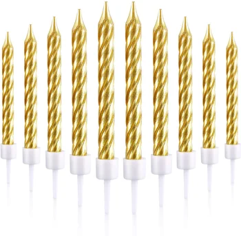 Tall Thin Metallic Gold Slow Burning Birthday Candles in Holders Elegant Classy Cake Topper Custom Brand
