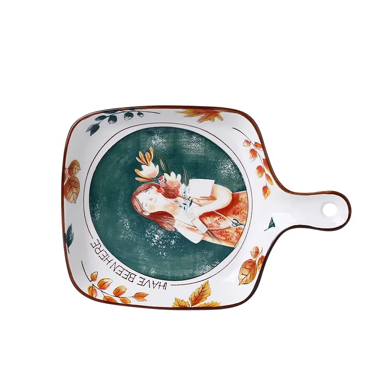 Nordic Style Fruit Pattern Ceramic Tableware Handle Cheese Baked Rice Plate Oven Available Western Food Dish