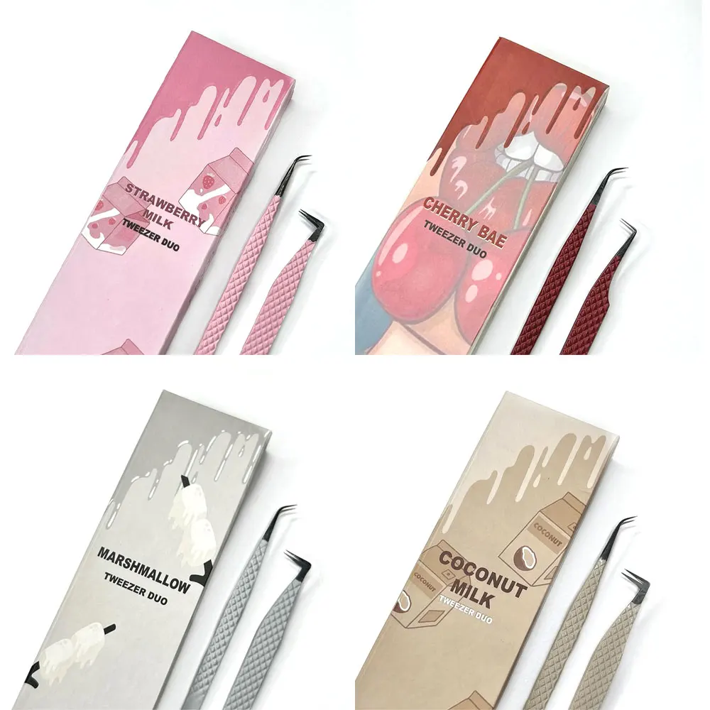 Colourful Grip Eyelash Tweezers Custom Box Packing Private Label Fiber Tip Volume Lash Extension Tweezers Set