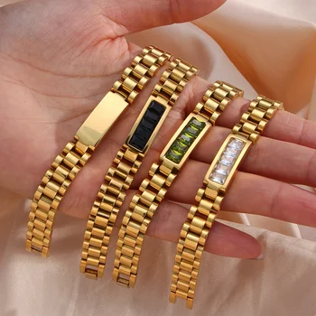 Waterproof Colorful Watchband Zircon Bracelet Gold Plated Stainless Steel Bangles Tarnish Free Jewelry Women Bracelet