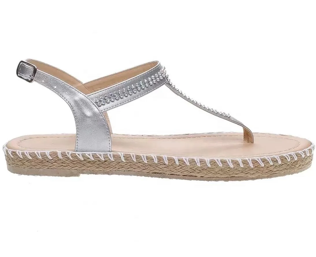 new fashion Women"e;s T-strap sandal with fancy rhinestones flats ladies jute shoes espadrilles shoes
