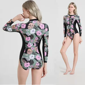 Colorful Printed Long Sleeve One Piece Swimsuit for Women Triangle Cut Polyester Rash Guard with Front Zipper Quick Dry UPF50+