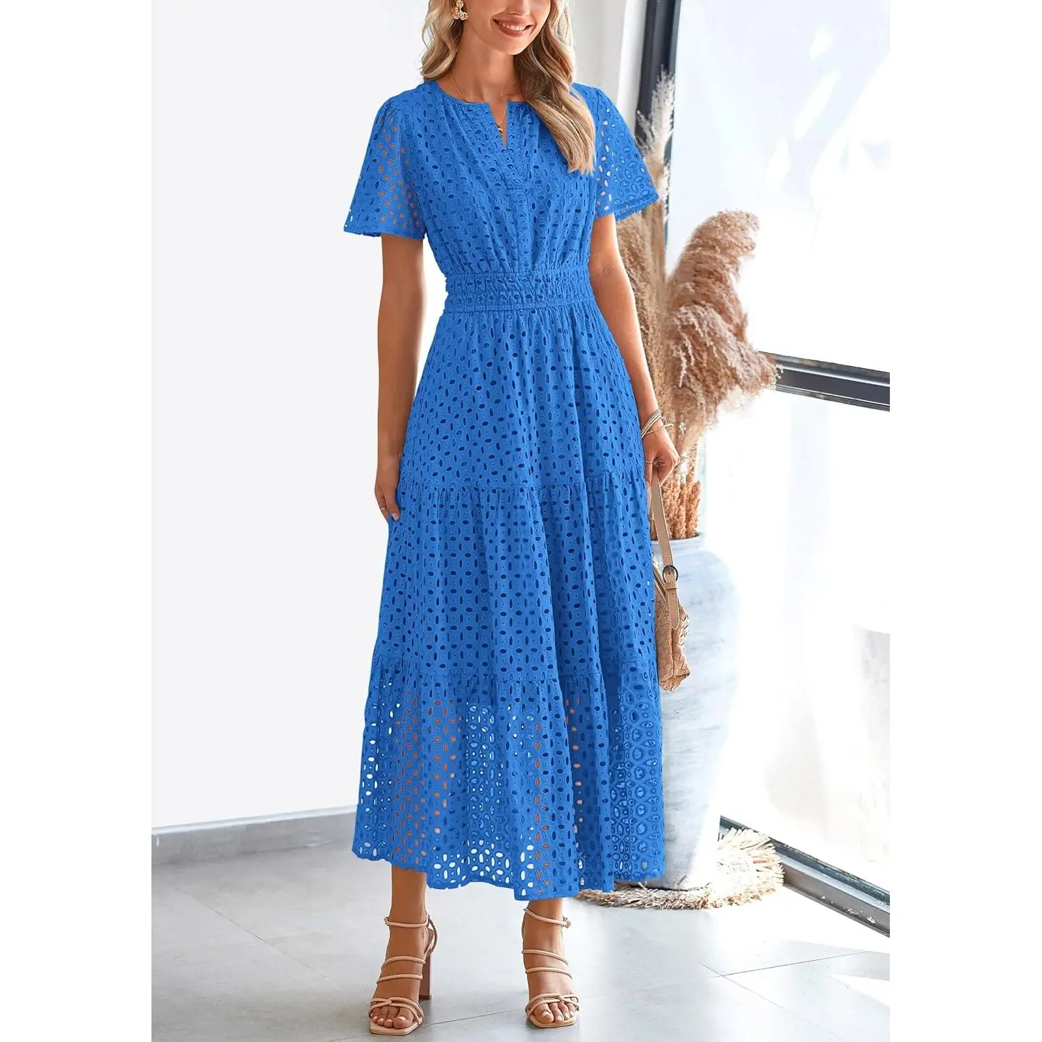 Women's Summer 2025 Maxi Dress V-Neck Hollow Eyelet Line Short Sleeve Long Flowy Beach Vacation Dress Belt XS Size