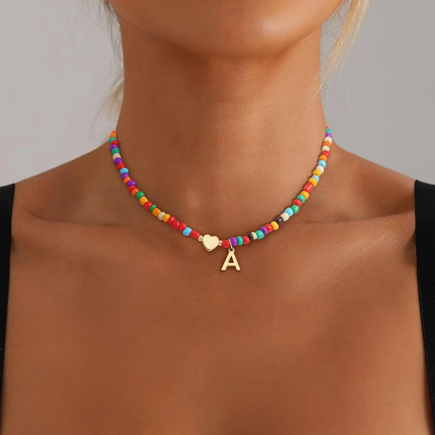 Trendy Gold Plated Diamond Beaded Initial Choker Necklace Dainty Letter Jewelry Women Girls Colorful Link Fashion Anniversaries