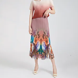 Pleated Fringed Midi Skirt Vintage Tie-Dye Fashionable and Versatile Elastic Waist Hip-Hugging Miyake Straight Pencil Skirt