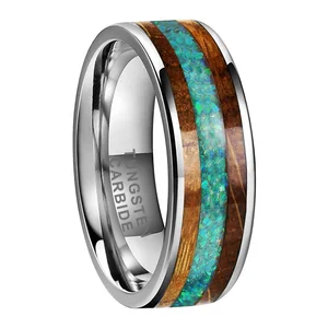 Coolstyle Jewelry 8mm Green Opal Whisky Barrel Wood Inlay Tungsten Ring for Men Women Fashion Wedding Band Comfort Fit
