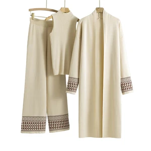 Spring Autumn Solid Color Cardigan Knitted Set Elegant Knitted Cardigan and Vest and Pants Set Knitted Three-piece Set for Women