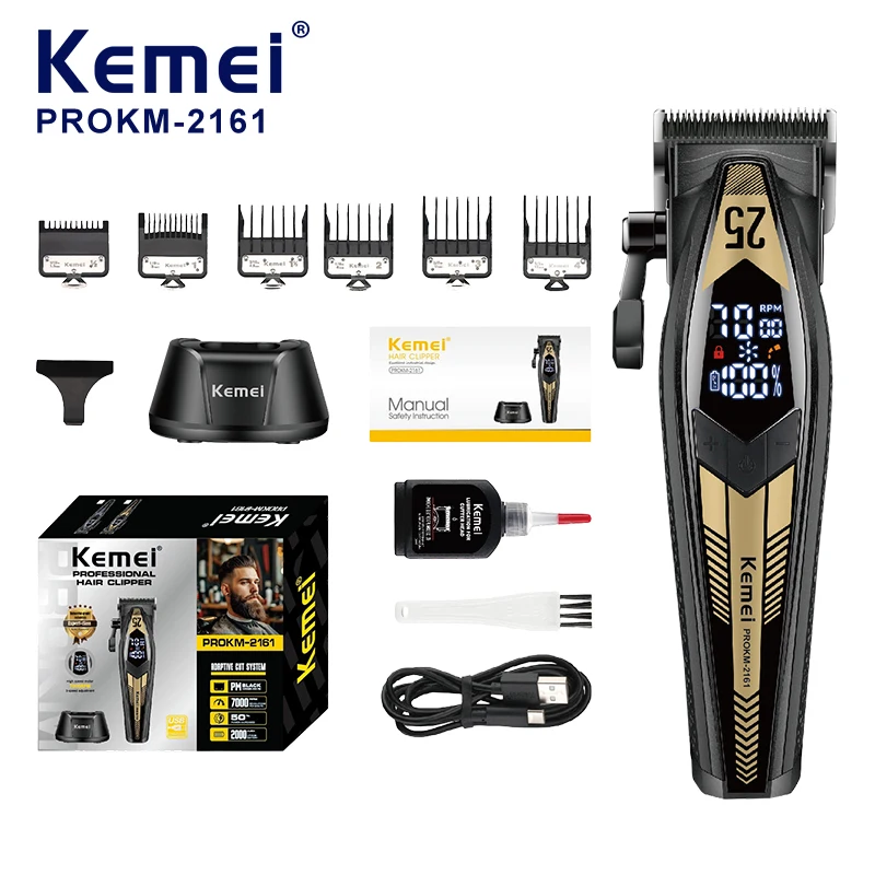 Tondeuse électrique professionnelle KEMEI Pro KM-2161 pour barbiers, 7000 tr/min, 2 vitesses, lame en acier, batterie de 2000 mAh, station de chargement, machine de coupe capillaire masculine pour usage domestique, fabrication usine