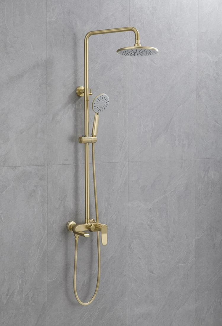 Juego de mezclador de grifo de ducha de lluvia expuesto montado en la pared de latón dorado para baño