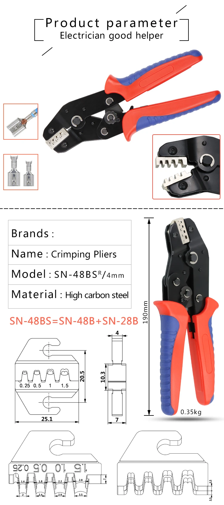 Jaw Kit for 2.8 4.8 6.3 =SN-48B+SN-28B Crimping Pliers Set SN-48BS