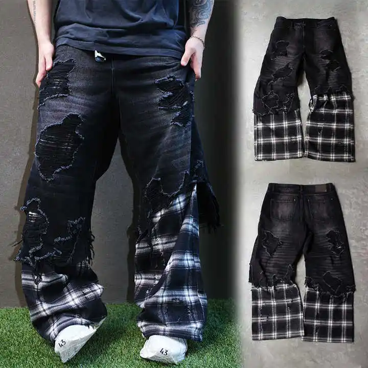 Salati Manufacturer Splicing Plaid Stone Wash Ripped Straight Distressed Bootcut Streetwear Baggy Flared Jeans Denim Pant Men gallery 2