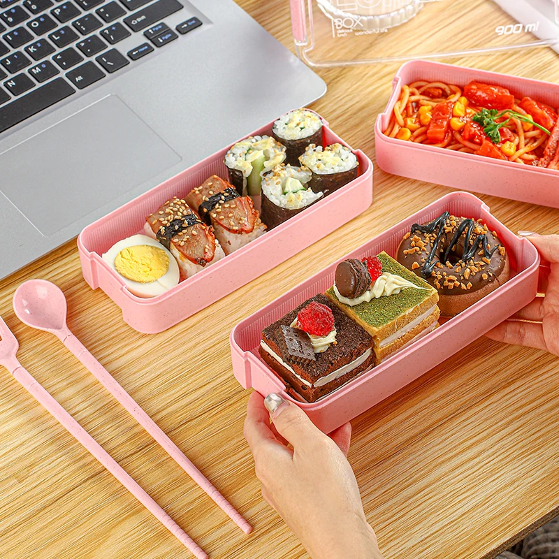 Safe Microwave 3 Layer Wheat Straw Lunch Box Custom Plastic Bento Box With Cutlery Set Logo