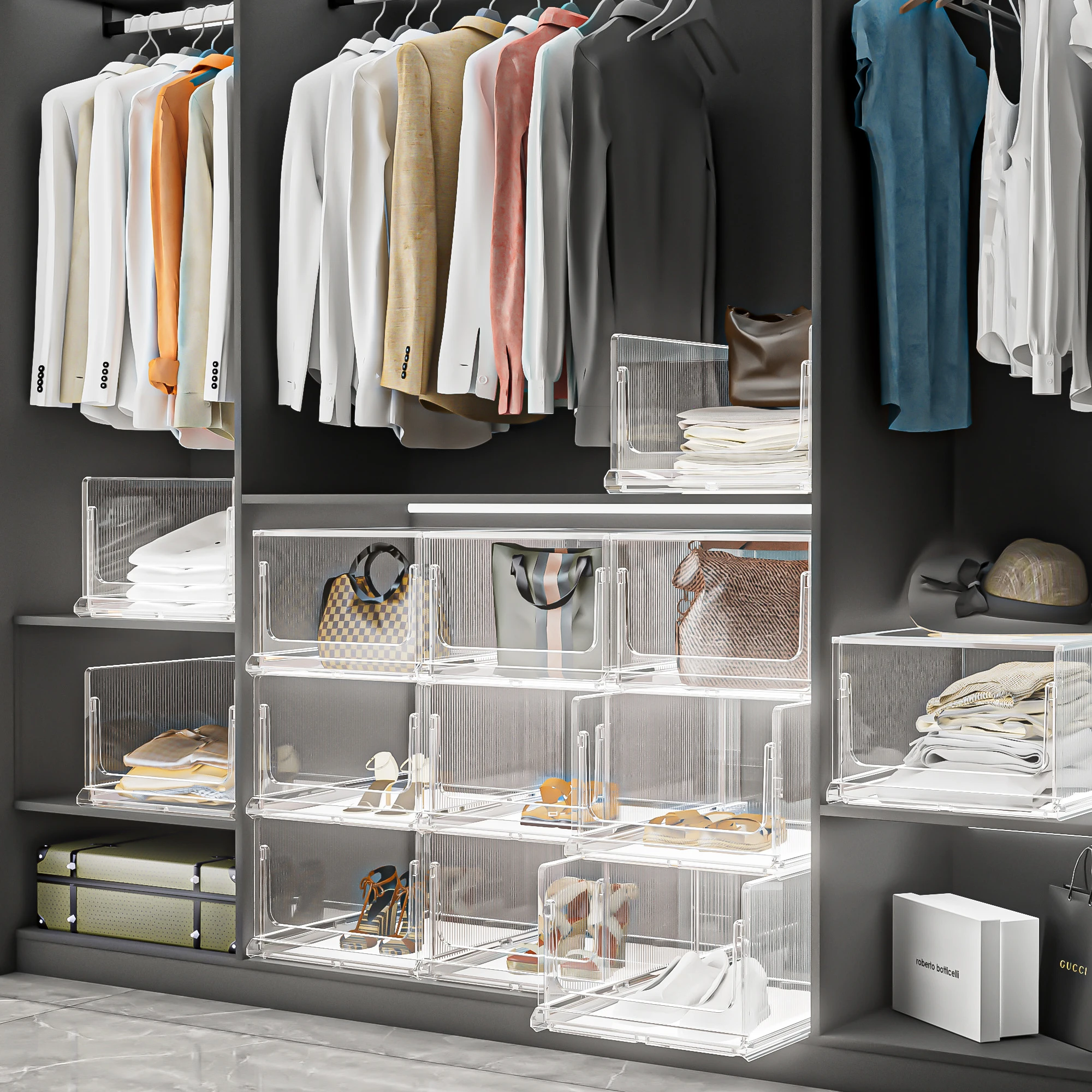 Multifunctional Transparent Plastic Pet Cabinet Stackable Foldable Shoe Rack Clothes Display Box Rectangle Shape Injection supplier