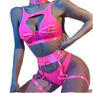 Wholesale 4-Piece Women's Sexy Hollow Lace Bandage Lingerie Set 3D Embroidery Custom Logo Fishnet Stockings Collar ODM Supply