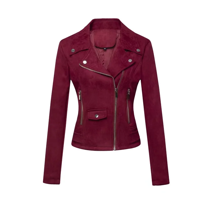 26 China Factory New Autumn Womens Motor Biker Soft Suede Plain Solid Button Casual Short Windproof Eco-Friendly Bomber Jackets
