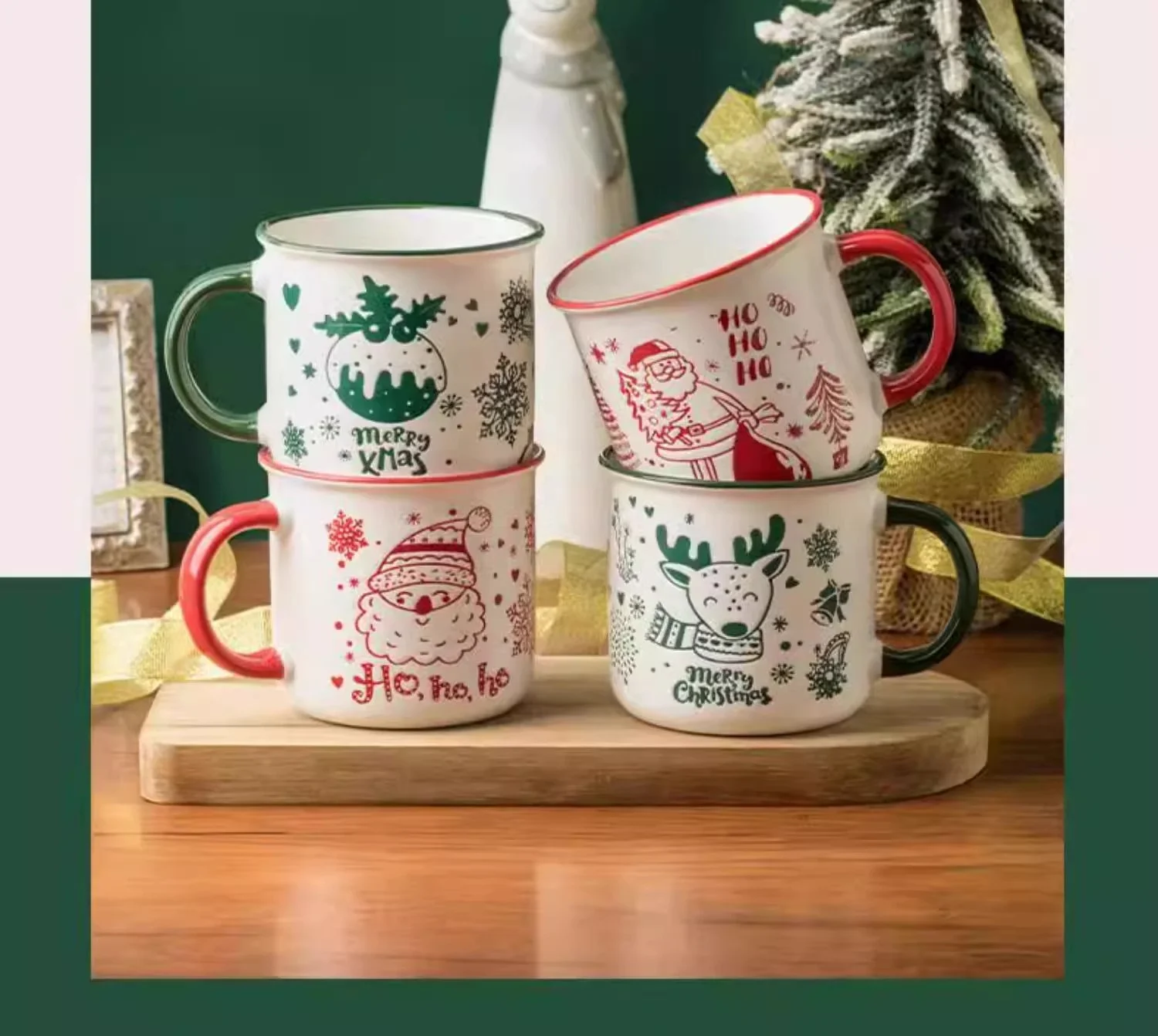 Wholesale Ceramic Christmas Mug 360ml Santa Snowflake Embossed Holiday Red Coffee Mug