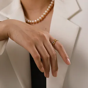 MW Women's Fashionable 18K Gold-Plated Stainless Steel Ring - X-Shaped Double-Layer Diamond Inlaid Design, Suitable for Wedding