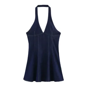 ZATRHMBM 2026 Women's Spring Collection Retro Denim Suspender Dress Vintage V-neck Sleeveless Casual Mini Breathable Washable