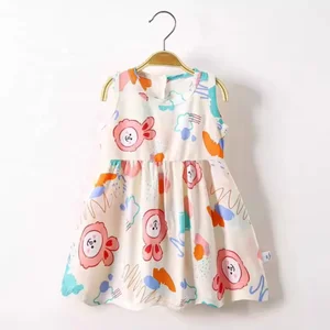 Summer Custom Print Cartoon Cotton Casual Knee-Length Dress Sweet Sleeveless O-Neck Baby Girl  Dresses
