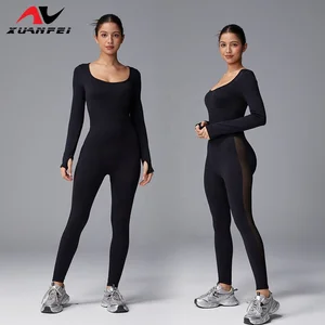 Factory Direct Sales Round-Neck Long Sleeves Lift Buttocks Four-Sided Bouncy Breathable Solid Color Basic Yoga Jumpsuit