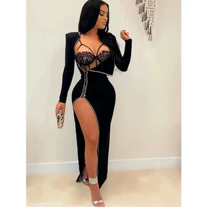 Party Luxury High Quality Black Sleeveless Women Sexy Crystal Beading Floor-Length Ball Gown Slit Evening Birthday Polyester