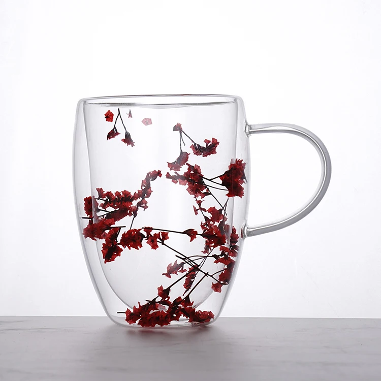 New Design Handmade High Borosilicate Creative Dry Flower Double Wall Glass Mug Cup