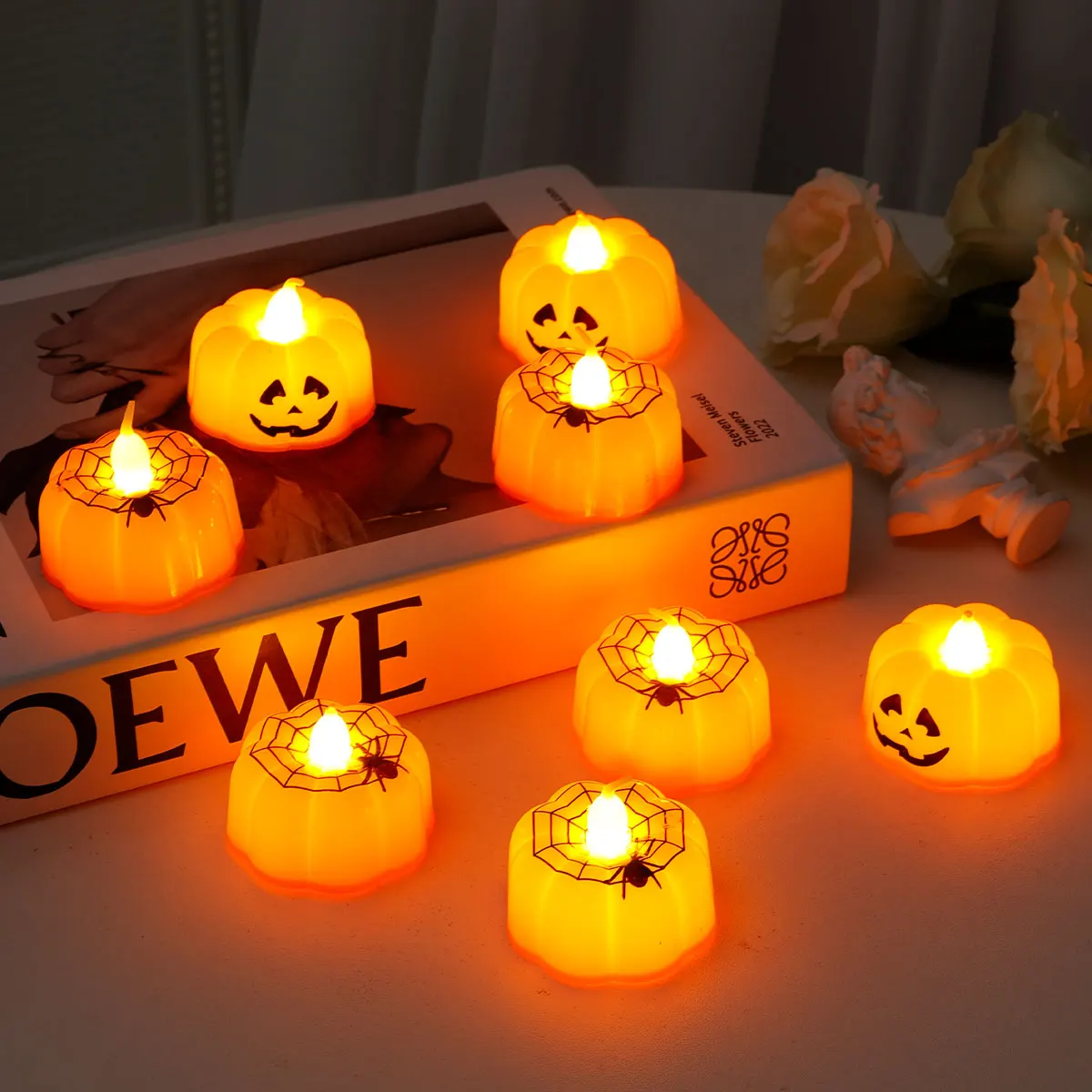 Pumpkin Small Candles Flameless LED Candles Halloween Pumpkin Heads Holiday Home Decor Indoor Party Atmosphere Lights