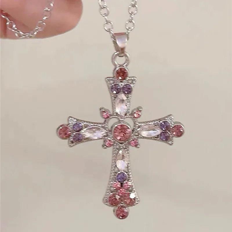 Women's Trendy Y2K Necklace with Multi-Colored Diamond and Pink
