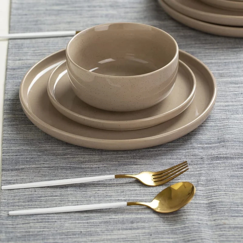 Ceramic Dinner Set Multicolor Glazed Plates Sets Dinnerware with Speckled Dots Brown Rim