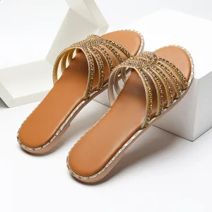 Fashion Trends Summer Beach Flats Wear Non-slip Round Head Rhinestone Flip-flops Large Size slippers for Women
