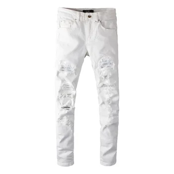 Wholesale High Quality Ripped Flocking Skinny Jeans Old Wash Blue Man Hip Hop For Amiriy Jeans Original Men Jeans